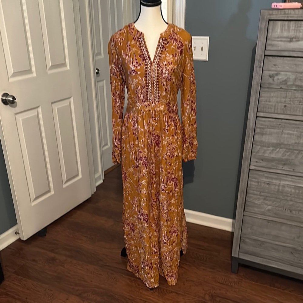 Wonderly Mustard and Burgundy Floral Long Sleeve Dress